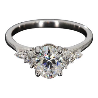 14k White Gold Engagement Ring With Oval Cz and Marquise Diamonds, Size 7 For Sale