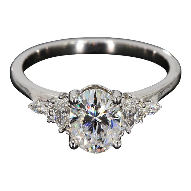 14k White Gold Engagement Ring With Oval Cz and Marquise Diamonds, Size 7 For Sale