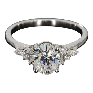 14k White Gold Engagement Ring With Oval Cz and Marquise Diamonds, Size 7
