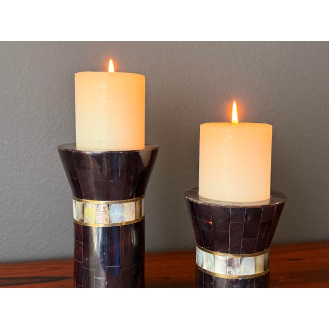 Metal 1980s Pair of Tessellated Horn and Brass Candle Holders For Sale - Image 7 of 12