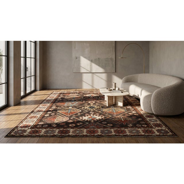 1890s Brown Geoemtric Tribal Antique Caucasian Kazak Rug 4'7" X 7'6" Knotted Wool Carpet For Sale In New York - Image 6 of 8