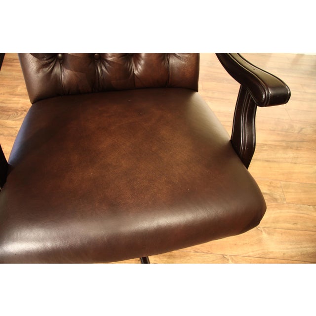 Animal Skin Tufted Brown Leather Executive Swivel Chair With Brass Nailhead Trim and Casters For Sale - Image 7 of 17