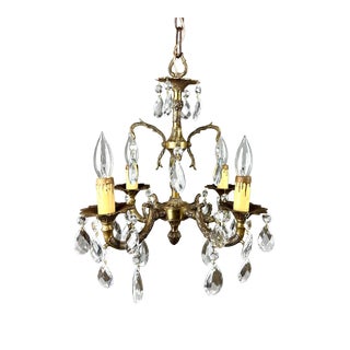 Mid 20th Century Petite 4- Light Spanish Brass & Crystal Chandelier / Pendant For Sale