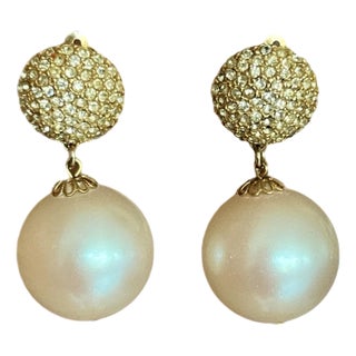 Les Bernard Pavé Crystal Faux Pearl Earrings For Sale