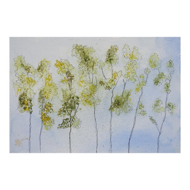 Late 20th Century Abstract Trees Watercolor and Ink Painting For Sale