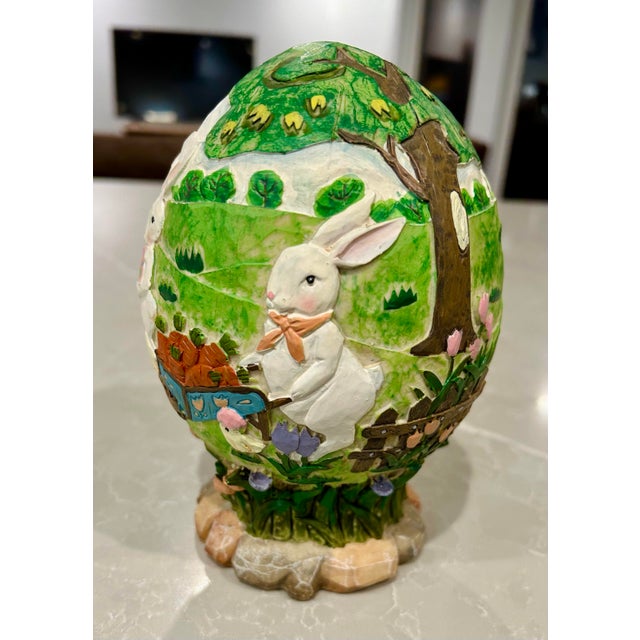2000 - 2009 Hand Painted, Carved Resin Easter Egg With Bunny Garden Scenes For Sale - Image 5 of 9