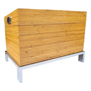 1990s Rare Rattan & Chrome Chest With Geometric Design Attributed to Milo Baughman for Thayer Coggin For Sale