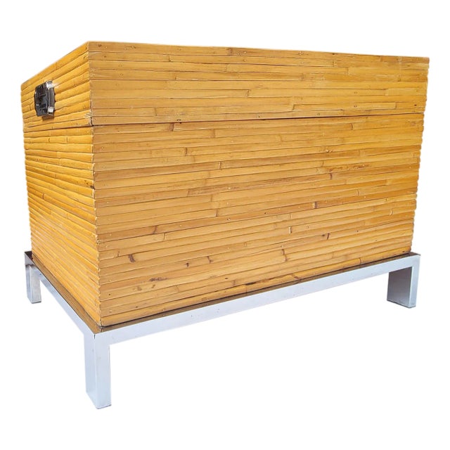 1990s Rare Rattan & Chrome Chest With Geometric Design Attributed to Milo Baughman for Thayer Coggin For Sale