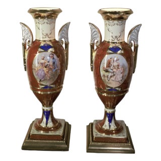 Antique French Sevres Style Hand Painted Porcelain and Brass Electrified Urns Table Lamps - Pair For Sale