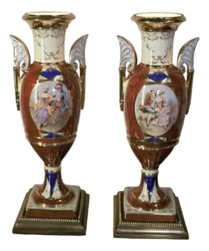 Antique French Sevres Style Hand Painted Porcelain and Brass Electrified Urns Table Lamps - Pair