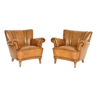 Vintage Swedish Leather Club Armchairs, 1940s, Set of 2, Set of 2 For Sale