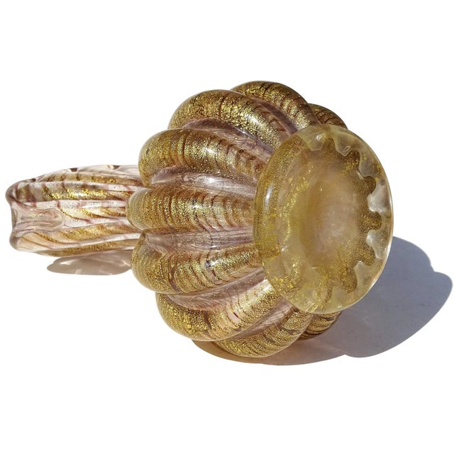 Vintage Murano Barovier Toso Purple Swirl Gold Flecks Italian Art Glass Curled Fan Top Flower Vase For Sale - Image 11 of 11