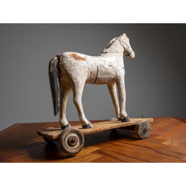 Black Antique Early 20th Century Wooden Horse Toy on Wheels, 1920s For Sale - Image 8 of 10