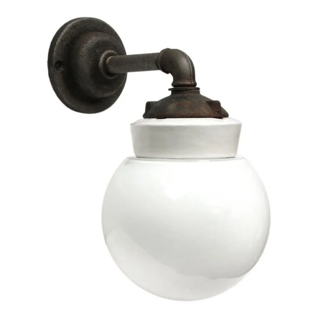 Porcelain Industrial wall lamp. White porcelain, cast iron and opaline glass. 2 conductors, no ground. Diameter wall mount...