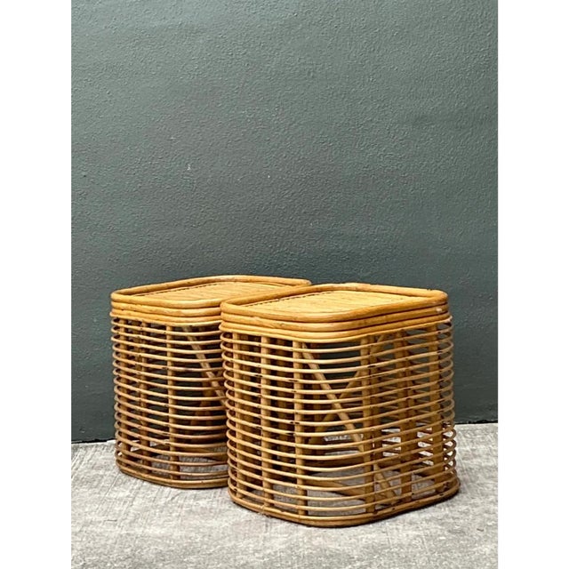 Wood Vintage Woven Rattan Side Tables - Pair For Sale - Image 7 of 12