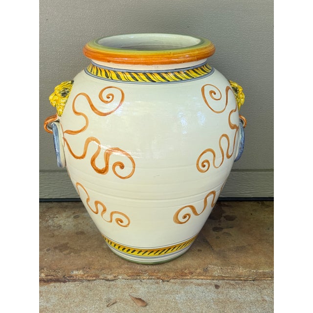 Yellow Large 21” Hand-Painted Majolica-Style Floor Urn With Lion Head Ring Handles For Sale - Image 8 of 14