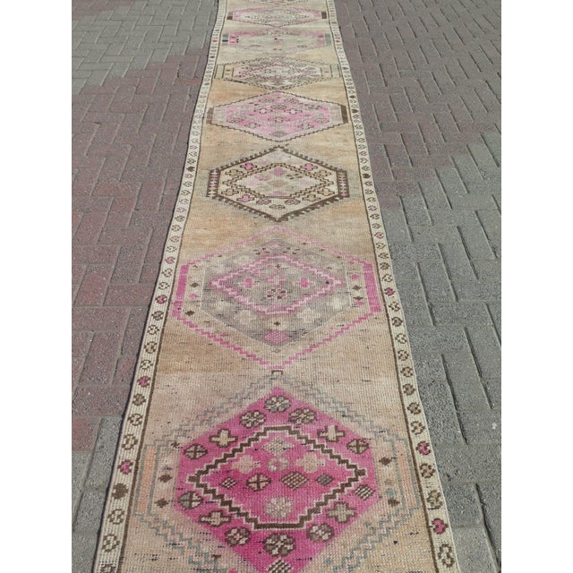 Mid-Century Modern Mid 20th Century Extra Long Vintage Turkish Carpet Runner Pink Rug Runner For Sale - Image 3 of 12