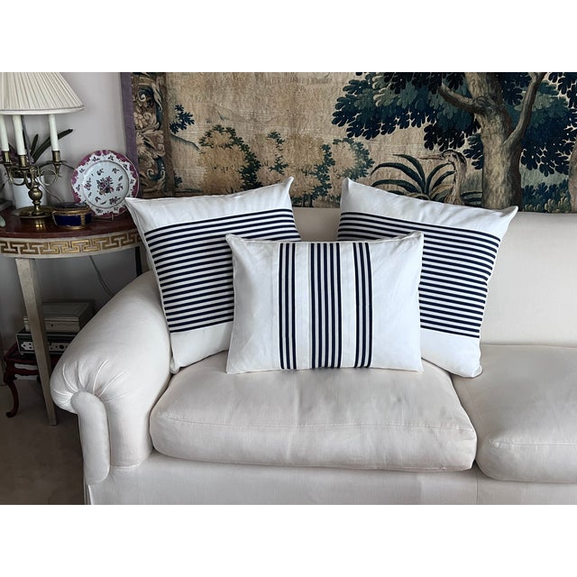 Pair Reversible Cushions/Pillows in Navy Blue Stripes on White For Sale - Image 10 of 11