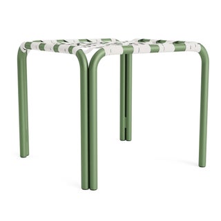 Brown Jordan Kantan Aluminum Stacking Stool/Occasional Table in Bay Leaf with White Suncloth Strapping For Sale