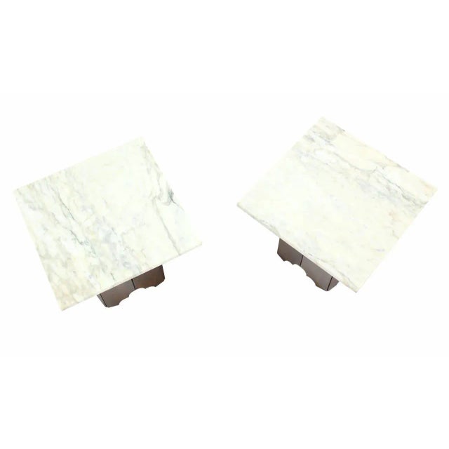 Mid-Century Modern Mid-Century Modern Walnut Base Square Marble Top End Side Tables- a Pair For Sale - Image 3 of 8