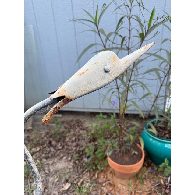Arts & Crafts Vintage Handcrafted Meta & Iron Crane Heron Garden Sculpture 46” Tall For Sale - Image 3 of 5