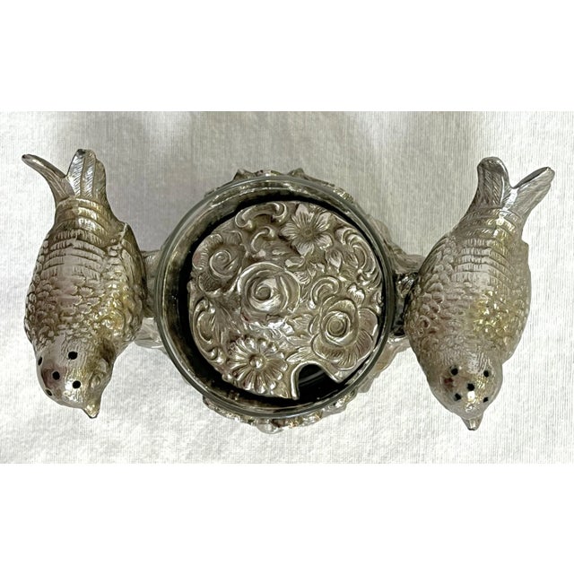 Metal Vintage Silverplate 'Lovebirds' Salt Cellar With Salt and Pepper Shakers For Sale - Image 7 of 12
