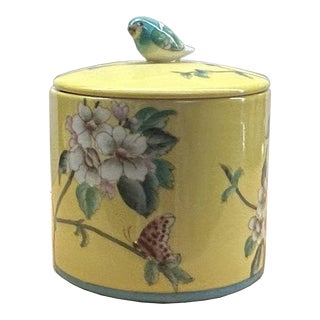4.25" Yellow Flower Bird Graphic Porcelain Round Container Box For Sale