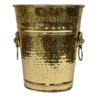 Vintage Hammered Brass Lion Handle Wastebasket or Umbrella Stand For Sale
