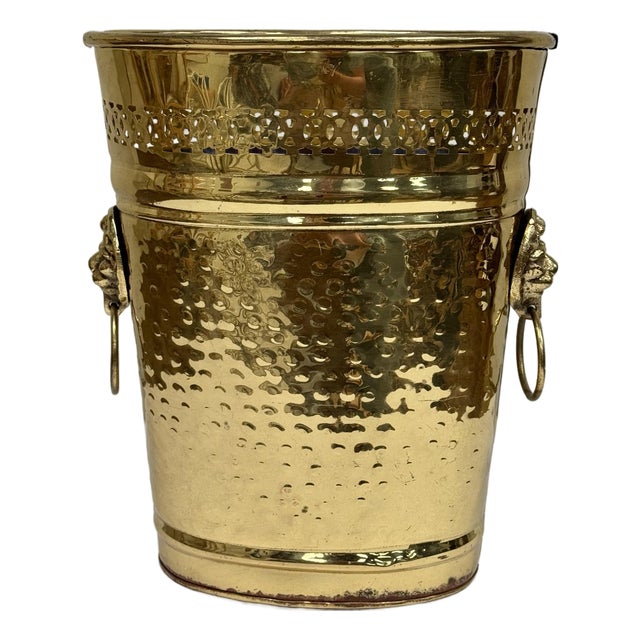 Vintage Hammered Brass Lion Handle Wastebasket or Umbrella Stand For Sale