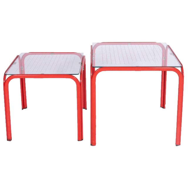 Vintage Nesting Coffee Tables with Red Iron Structures and Decorated Glass Tops, 1980s, Set of 2 For Sale