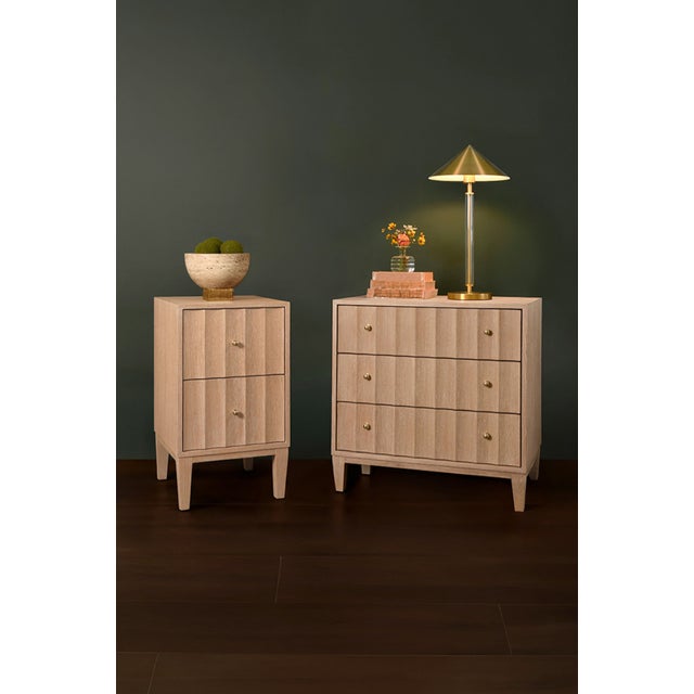 Contemporary Matthew Izzo Home Carmack Fluted Cerused Oak Three Drawer Side Table With Brass Knobs For Sale - Image 3 of 9