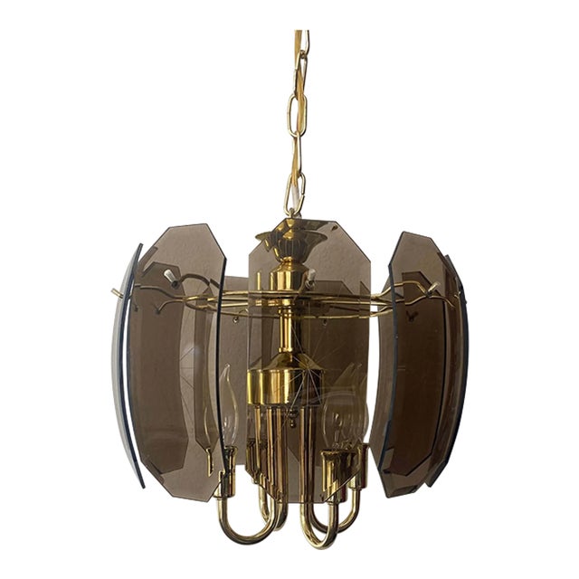 Vintage Catalina Lighting Smoked Curved Glass Beveled Chandelier For Sale