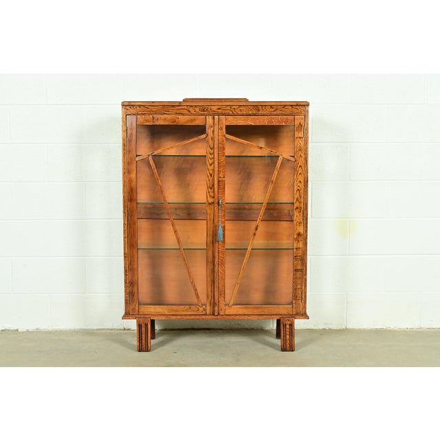 Antique English Art Deco Carved Oak Bookcase or Display Cabinet, Circa 1920s For Sale - Image 12 of 12