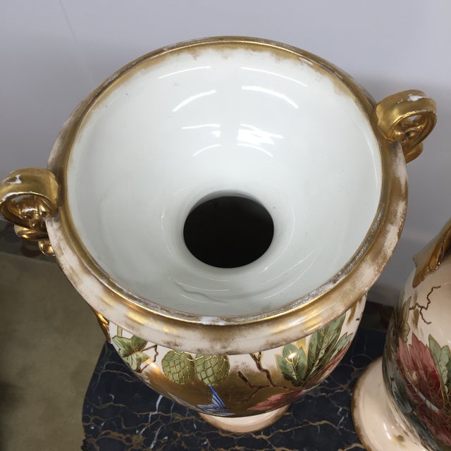 Pair of Large Apposing Royal Bonn Handled Vases in Floral and Bird Motif For Sale - Image 13 of 18