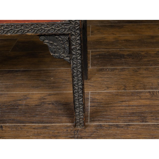 English Anglo-Indian 1930s Black Painted Tiered Shelf with Carved Scrolling Foliage For Sale - Image 3 of 11
