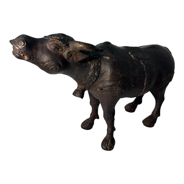 Antique Asian Cast Metal Water Buffalo Ox Sculpture Engraved Figurine 8.5" For Sale