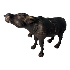 Antique Asian Cast Metal Water Buffalo Ox Sculpture Engraved Figurine 8.5"