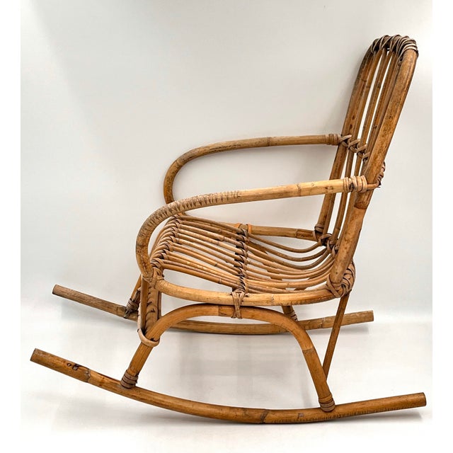 Franco Albini Mid-Century Franco Albini Style Child's Rattan Bamboo Rocking Chair For Sale - Image 4 of 11