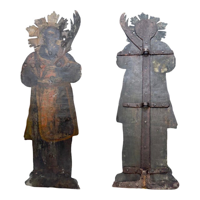 Huge Antique Hand Painted 17th Century Copper Wrought Iron Religious Sign Statue For Sale