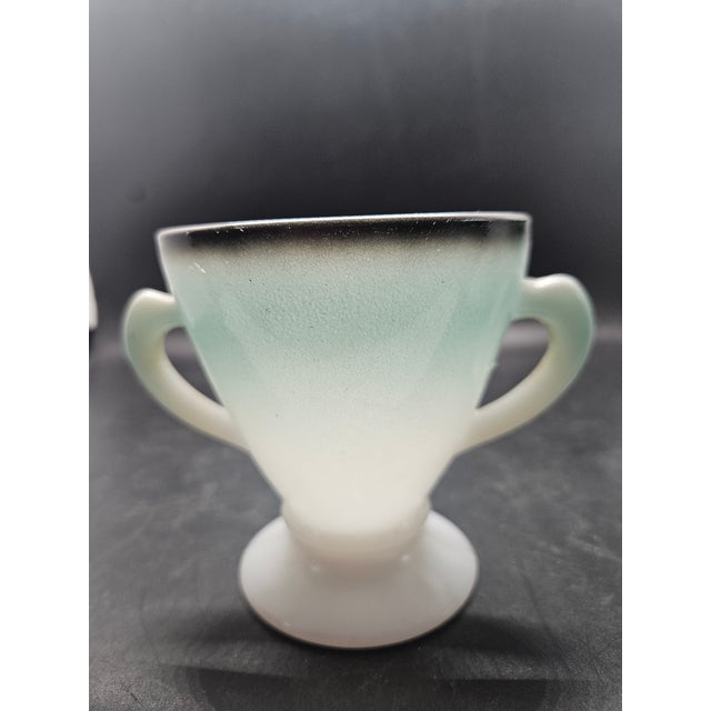 vintage Hazel Atlas Turquoise Ombre Creamer and Sugar Bowl Set in the Ovide pattern made of Platonite milk glass