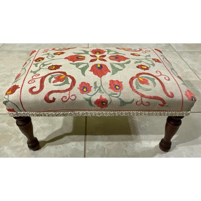Wood Antique Suzani Embroidered Footstool – Silk Hand-Stitched Needlepoint For Sale - Image 7 of 14