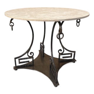 Steel and Travertine Greek Key Center or Dining Table For Sale