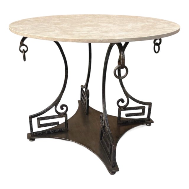 Steel and Travertine Greek Key Center or Dining Table For Sale