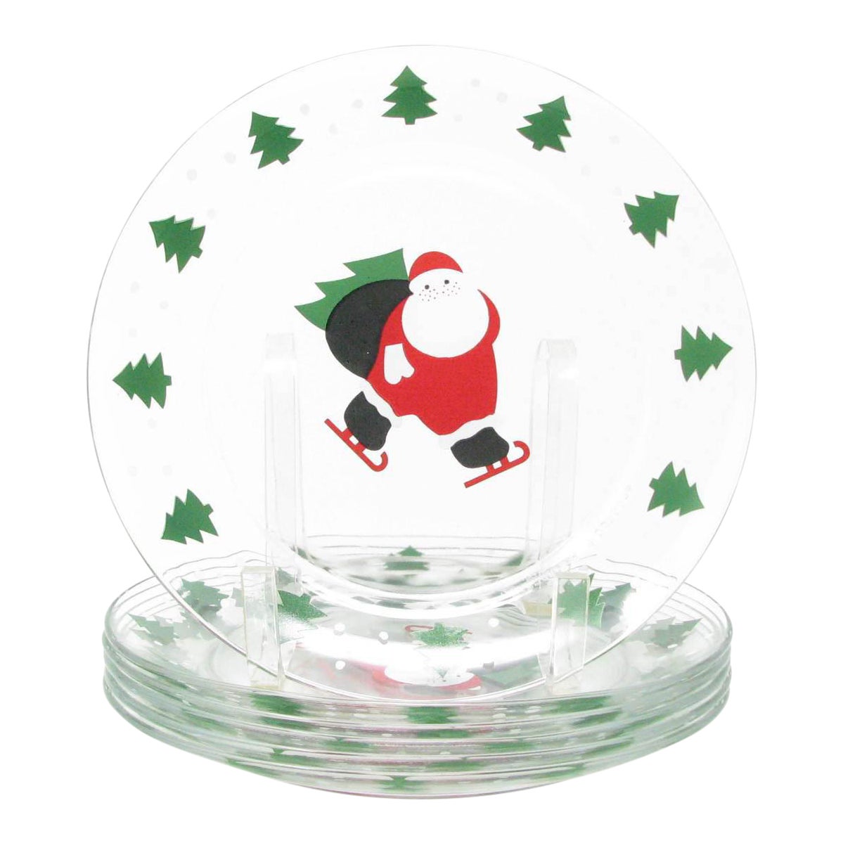 Vintage Arcoroc France Ice Skating Santa Glass Salad Plates Set Of 6 Chairish