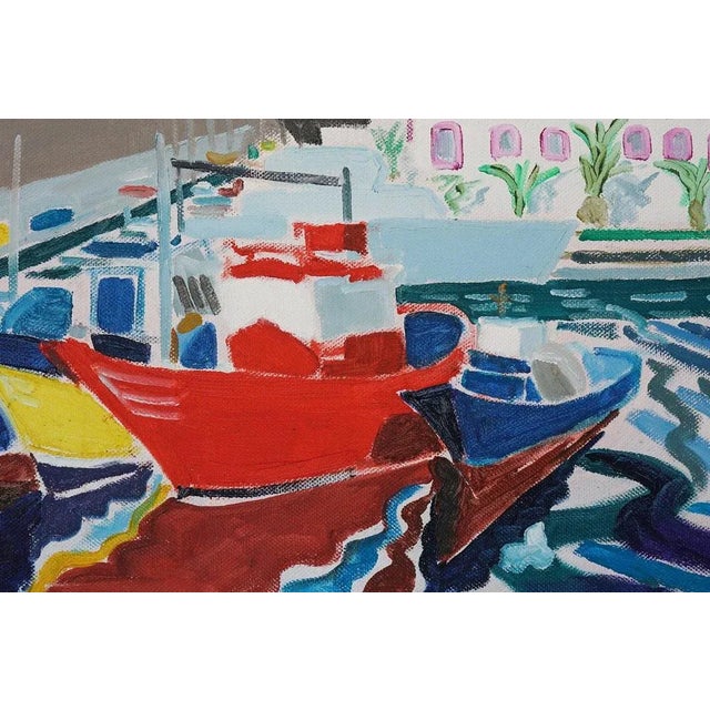 Plein air painting (painted on location) on canvas of fishing boats with distant mountains. Puerto de mogán - gran canaria...