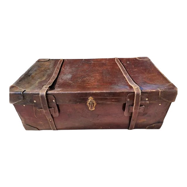 Large Vintage Art Deco Era Distressed Leather Travel Trunk For Sale