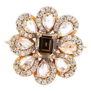 0.71 Carat Rose Cut White Diamond Brown Diamond Gold Ring, Size 6.5 For Sale