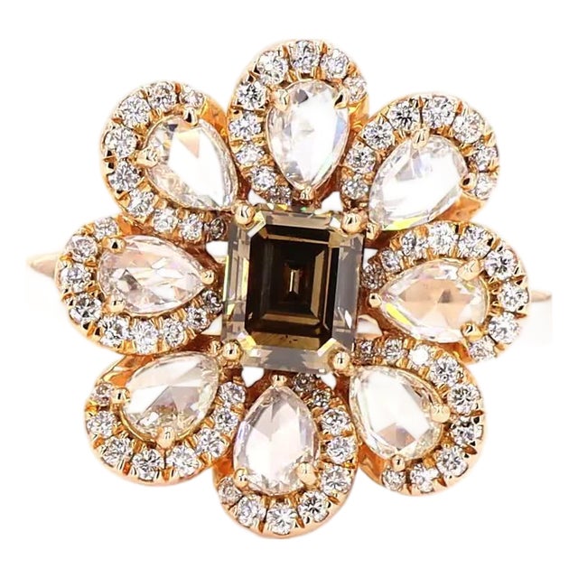 0.71 Carat Rose Cut White Diamond Brown Diamond Gold Ring, Size 6.5 For Sale