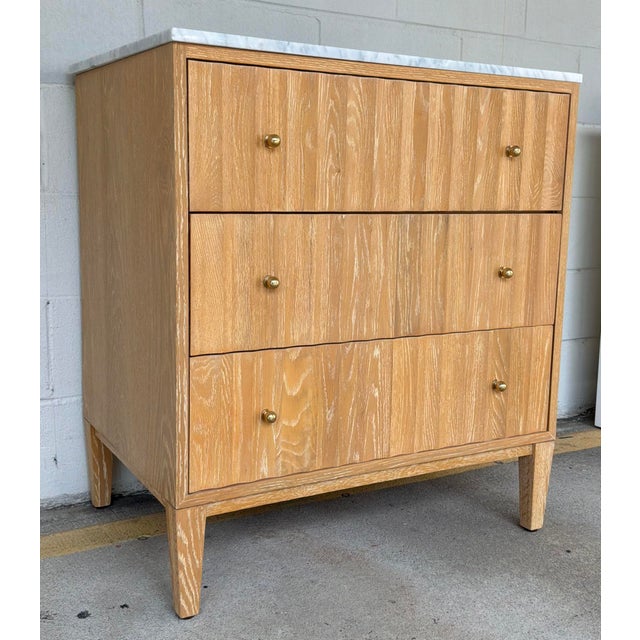 Original retail $3897, stylish Worlds Away Modern Fluted Oak and White Marble Sink Vanity, showroom floor sample