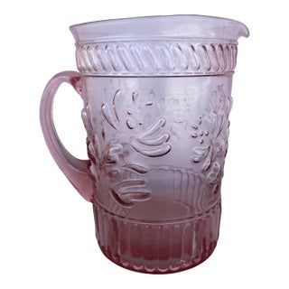 Vintage Pink Air Blown Glass Pitcher With Molded Hearts For Sale
